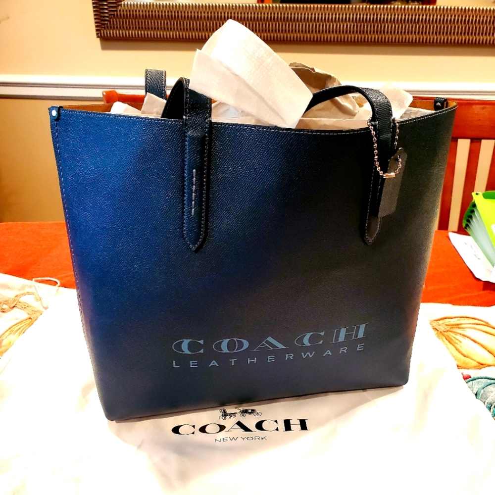NWT! Authentic Coach Highline Crossgrain Leather Tote Dark Denim w/ Dustbag